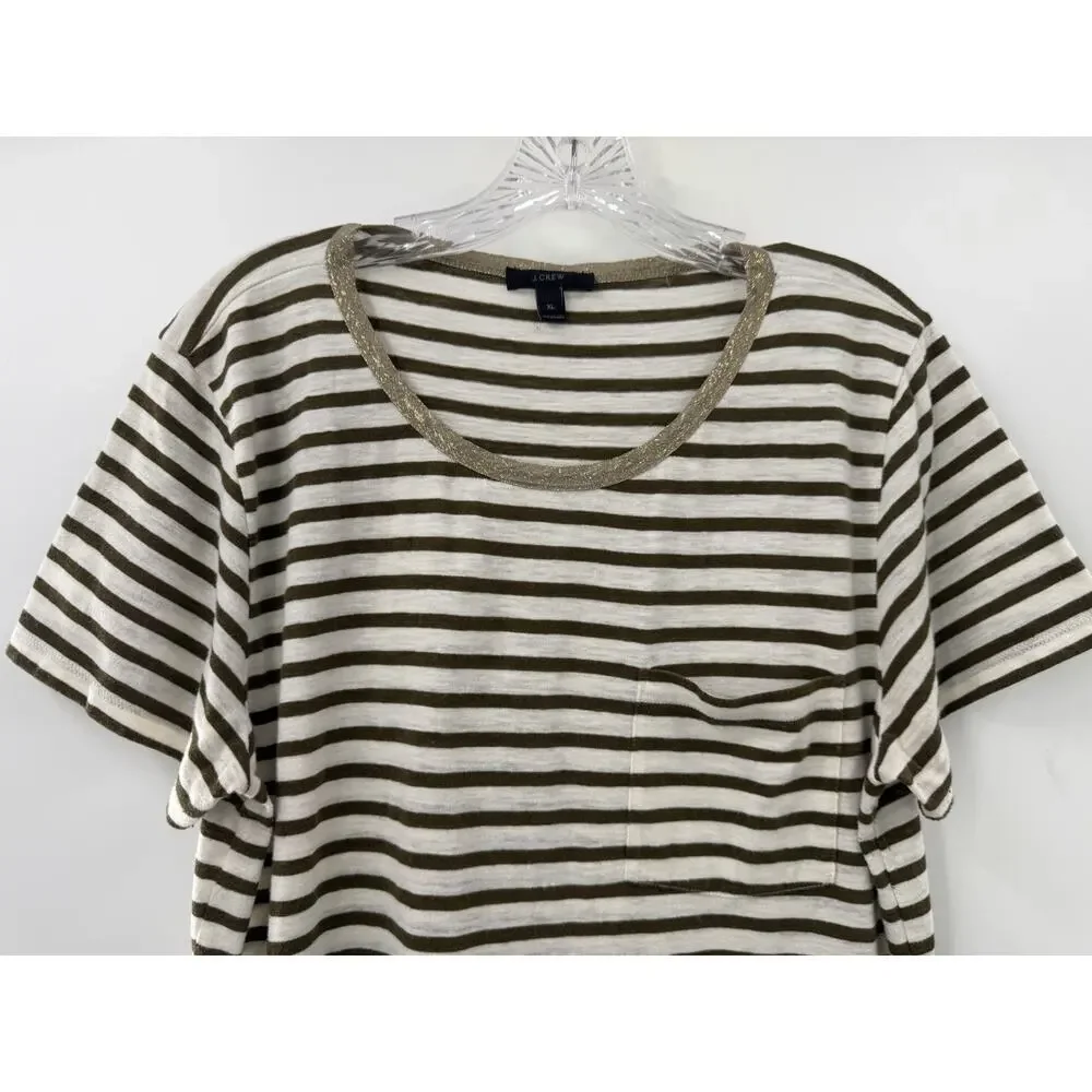 J. Crew Women’s Short Sleeve Striped Tee Olive Ivory Metallic Collar Size XL